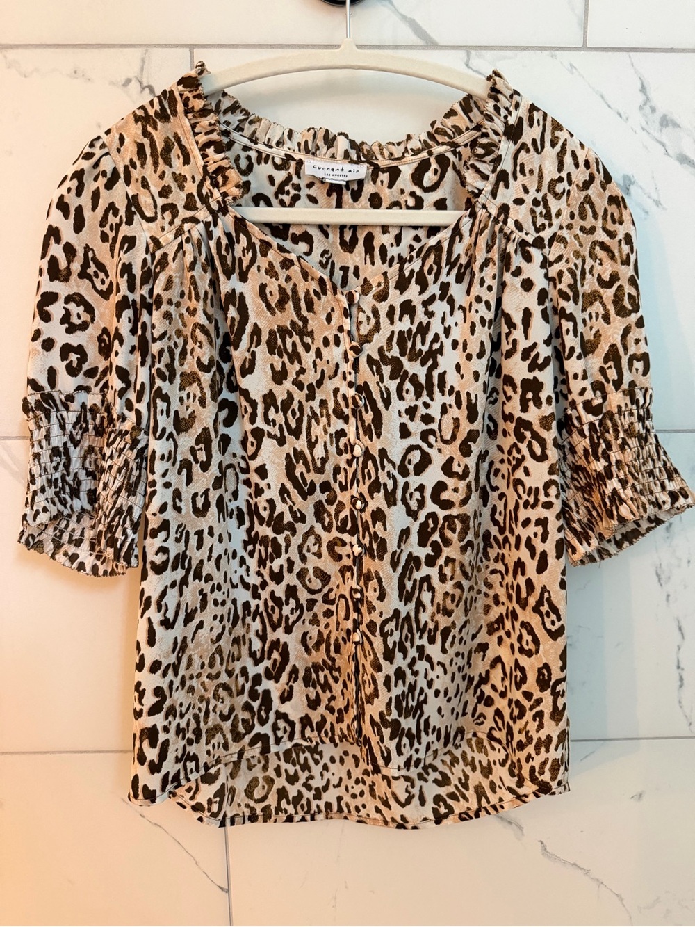 Current Air Leopard Print Puff-Sleeve Blouse - Tan & Black